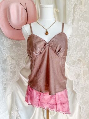 Brown Camisole Top Lace Trim Coquette Y2K Soft Girl Cami